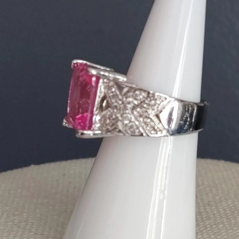 Pink stone and silver cocktail ring